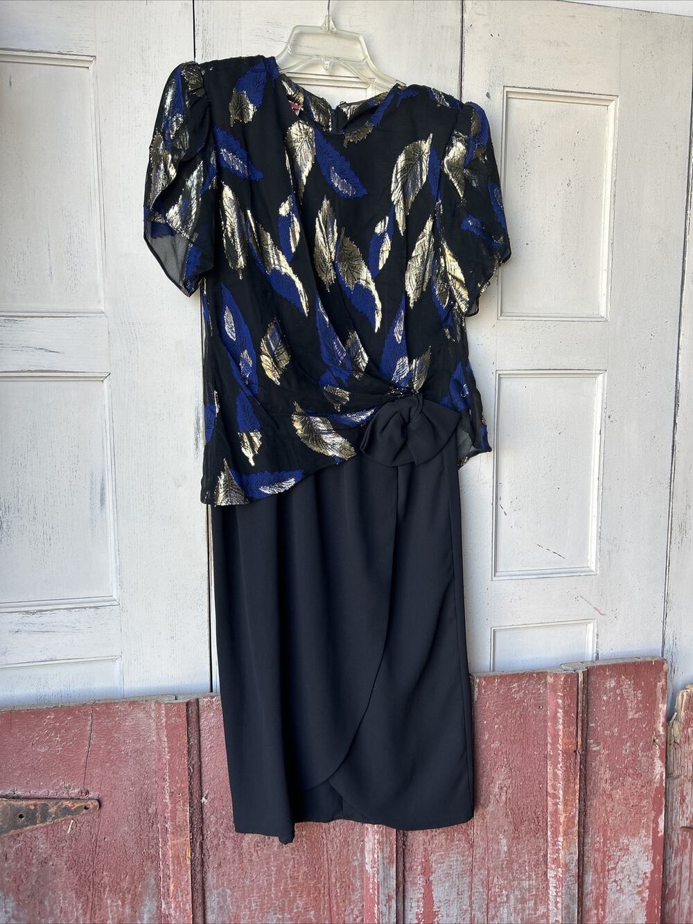 Vintage Women’s Dress Black Blue And Gold Leaves RetroSize 7/8 ILGWU